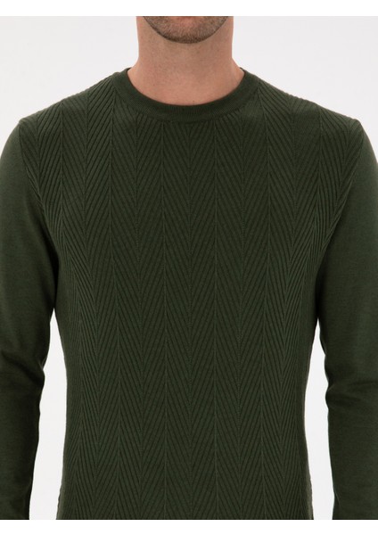 Erkek Koyu Haki Slim Fit Yün Karışımlı Bisiklet Yaka Triko Kazak 50311867-VR111