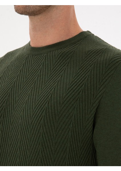 Erkek Koyu Haki Slim Fit Yün Karışımlı Bisiklet Yaka Triko Kazak 50311867-VR111