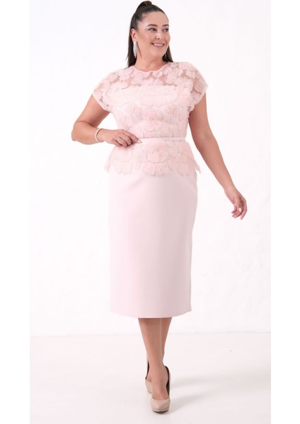 Kadın Pudra Dantelli Midi Abiye Elbise fiyatları
