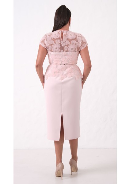 Kadın Pudra Dantelli Midi Abiye Elbise indirimleri