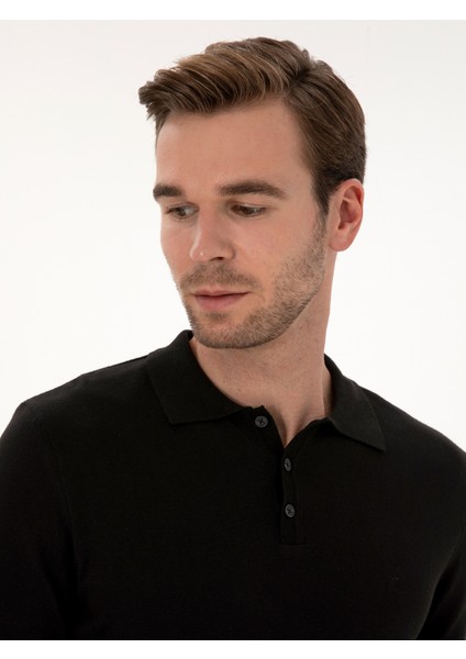 Erkek Siyah Regular Fit Pamuk Karışımlı Polo Yaka Basic Triko Kazak 50318673-VR046 fiyatları