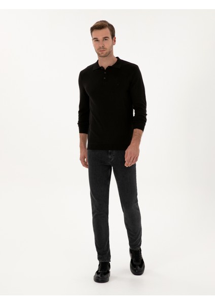 Erkek Siyah Regular Fit Pamuk Karışımlı Polo Yaka Basic Triko Kazak 50318673-VR046 fırsatları