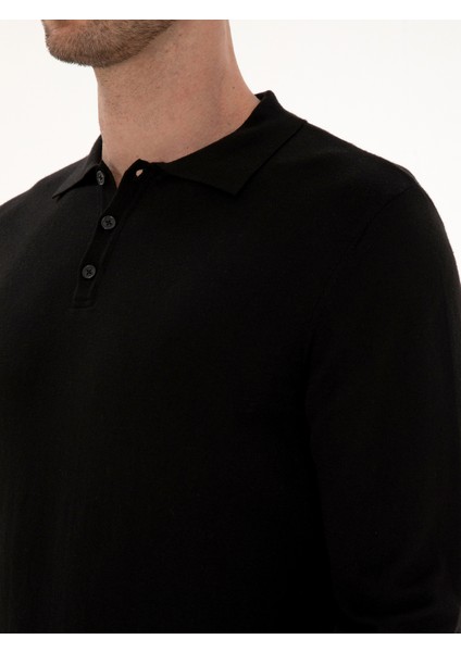Erkek Siyah Regular Fit Pamuk Karışımlı Polo Yaka Basic Triko Kazak 50318673-VR046