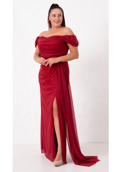 Kadın Bordo Kayık Yaka Drapeli Yırtmaçlı Uzun Simli Abiye Elbise modelleri