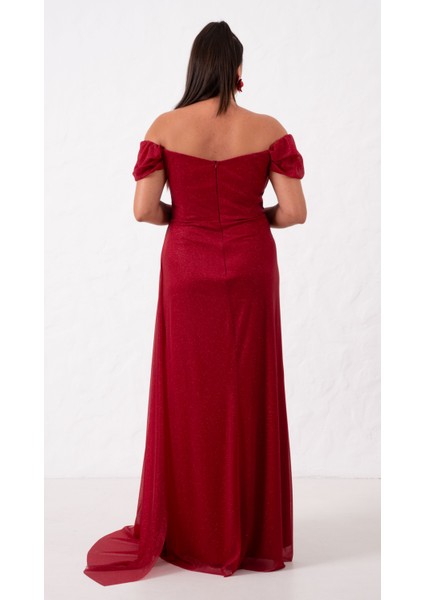 Kadın Bordo Kayık Yaka Drapeli Yırtmaçlı Uzun Simli Abiye Elbise indirimleri