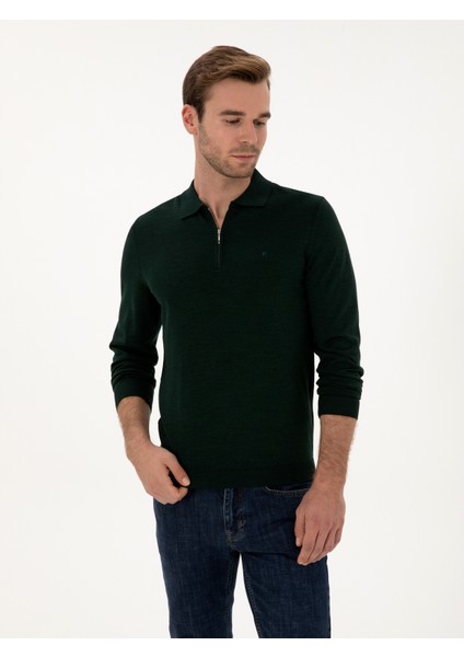 Erkek Zümrüt Regular Fit Yün Karışımlı Fermuarlı Polo Yaka Basic Triko Kazak 50315297-VR055