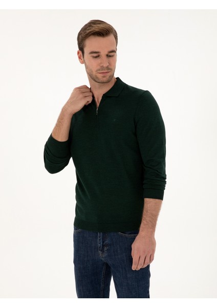 Erkek Zümrüt Regular Fit Yün Karışımlı Fermuarlı Polo Yaka Basic Triko Kazak 50315297-VR055 modelleri