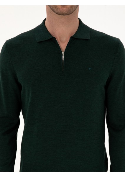 Erkek Zümrüt Regular Fit Yün Karışımlı Fermuarlı Polo Yaka Basic Triko Kazak 50315297-VR055