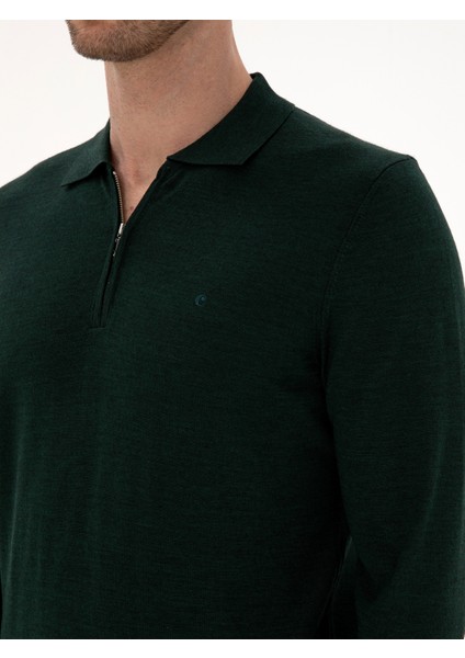 Erkek Zümrüt Regular Fit Yün Karışımlı Fermuarlı Polo Yaka Basic Triko Kazak 50315297-VR055