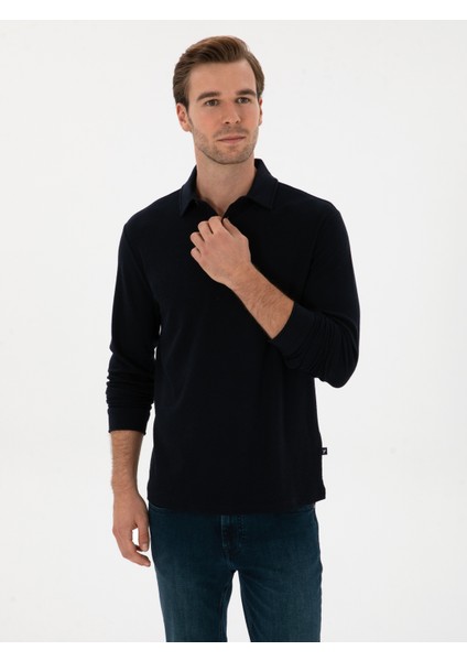 Erkek Lacivert Regular Fit Pamuk Karışımlı Polo Yaka Sweatshirt 50311374-VR033