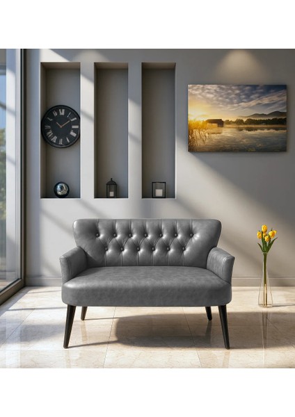 - Roma Ikili Koltuk Kanepe - Deri Kumaş - Gürgen Iskelet - Gri