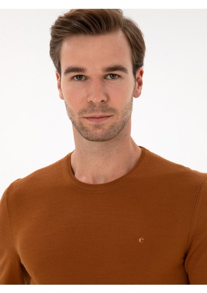 Erkek Karamel Slim Fit Yün Karışımlı Bisiklet Yaka Basic Triko Kazak 50315266-VR261 fiyatları