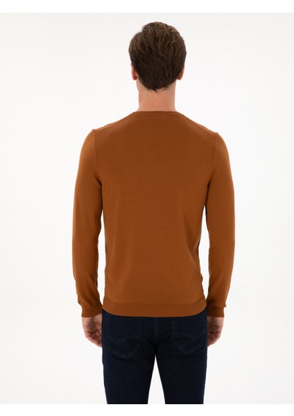 Erkek Karamel Slim Fit Yün Karışımlı Bisiklet Yaka Basic Triko Kazak 50315266-VR261 indirimleri