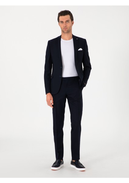 Erkek Lacivert Slim Fit Yün Karışımlı Klasik Kumaş Pantolon 50314681-VR033