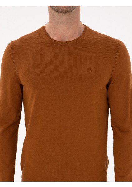 Erkek Karamel Slim Fit Yün Karışımlı Bisiklet Yaka Basic Triko Kazak 50315266-VR261