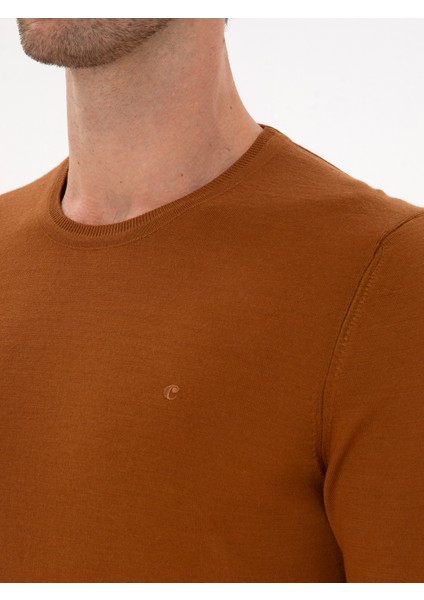 Erkek Karamel Slim Fit Yün Karışımlı Bisiklet Yaka Basic Triko Kazak 50315266-VR261