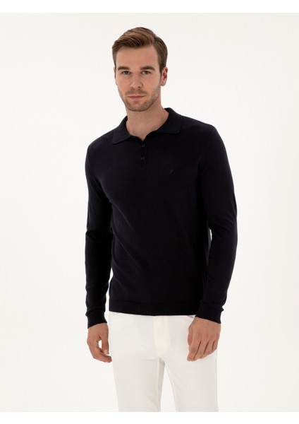 Erkek Lacivert Regular Fit Pamuk Karışımlı Polo Yaka Basic Triko Kazak 50318673-VR033
