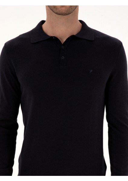 Erkek Lacivert Regular Fit Pamuk Karışımlı Polo Yaka Basic Triko Kazak 50318673-VR033