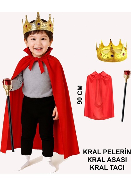Çocuk Kral Kostüm Seti – Kırmızı Pelerin, Taç ve Asa (90 Cm) (5047)