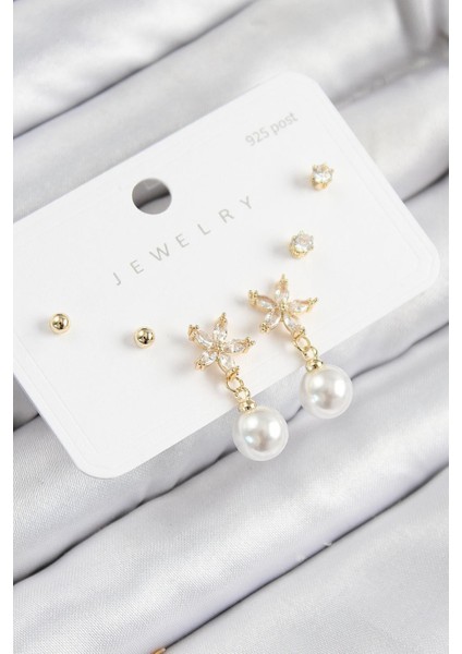 Zirkon Taşlı Inci Sallantılı Çiçek Model Küpe Seti