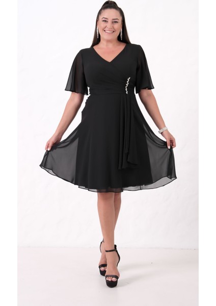 Kadın Siyah V Yaka Taşlı Büyük Beden Şifon Abiye Elbise modelleri