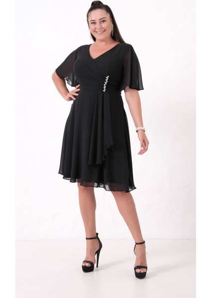 Kadın Siyah V Yaka Taşlı Büyük Beden Şifon Abiye Elbise fiyatları