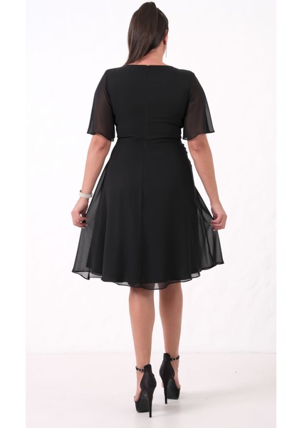 Kadın Siyah V Yaka Taşlı Büyük Beden Şifon Abiye Elbise indirimleri