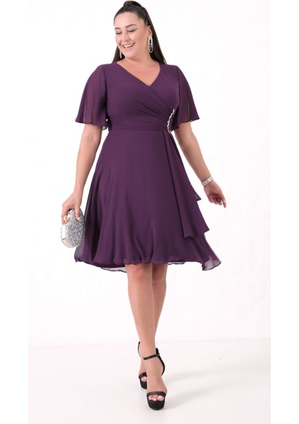 Kadın Mürdüm V Yaka Taşlı Büyük Beden Şifon Abiye Elbise