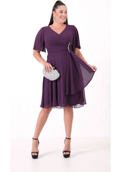Kadın Mürdüm V Yaka Taşlı Büyük Beden Şifon Abiye Elbise fiyatları