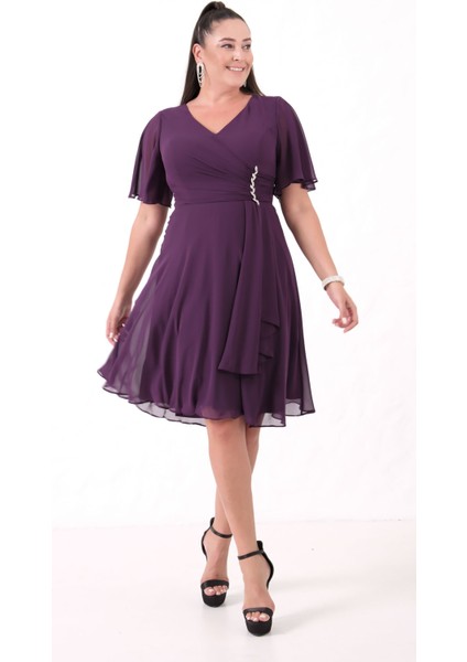 Kadın Mürdüm V Yaka Taşlı Büyük Beden Şifon Abiye Elbise modelleri