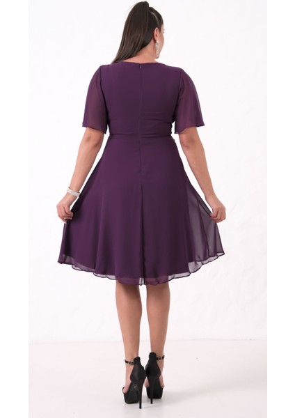 Kadın Mürdüm V Yaka Taşlı Büyük Beden Şifon Abiye Elbise indirimleri