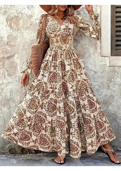 Kadın Uzun Kollu V Yakalı Desenli Süprem Elbise fiyatları
