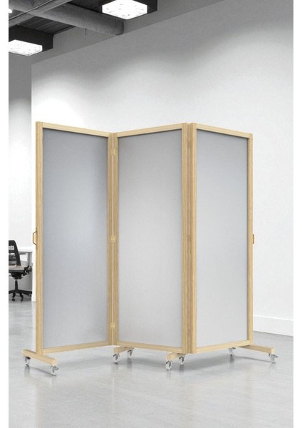 Bej Aynalı Tekerlekli Ahşap Paravan Seperatör Oda Bölme