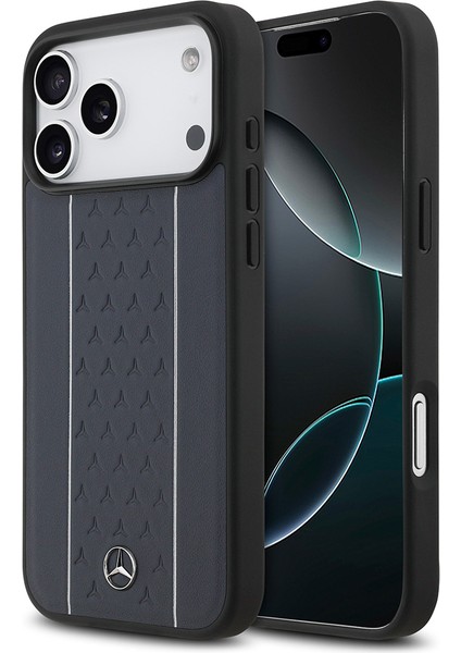 iPhone 17 Pro Max Kılıf Mercedes Benz Lisanslı M-Safe Şarj Şeritli Yıldız Metal Logolu Deri Lacivert