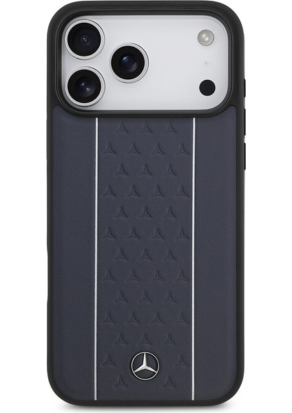 iPhone 17 Pro Max Kılıf Mercedes Benz Lisanslı M-Safe Şarj Şeritli Yıldız Metal Logolu Deri Lacivert modelleri