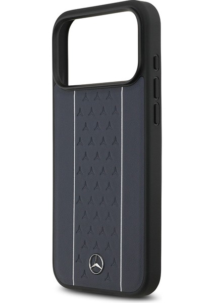 iPhone 17 Pro Max Kılıf Mercedes Benz Lisanslı M-Safe Şarj Şeritli Yıldız Metal Logolu Deri Lacivert