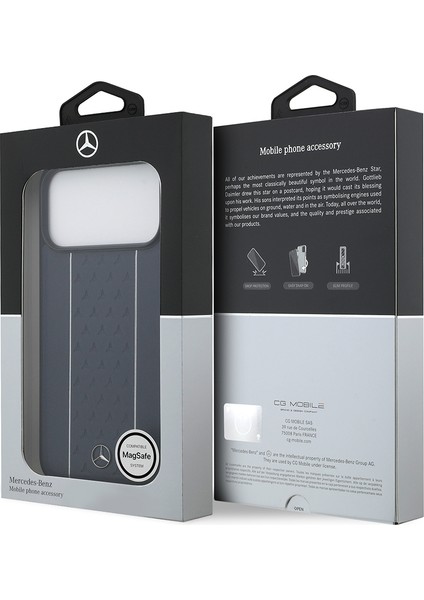 iPhone 17 Pro Max Kılıf Mercedes Benz Lisanslı M-Safe Şarj Şeritli Yıldız Metal Logolu Deri Lacivert