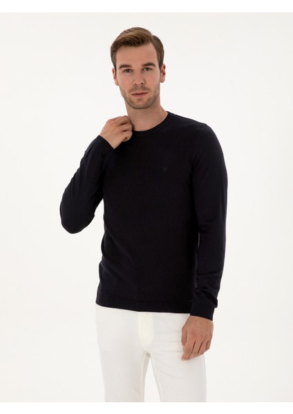 Erkek Lacivert Slim Fit Pamuk Karışımlı Bisiklet Yaka Basic Triko Kazak 50318620-VR033