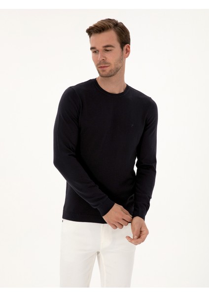 Erkek Lacivert Slim Fit Pamuk Karışımlı Bisiklet Yaka Basic Triko Kazak 50318620-VR033 modelleri