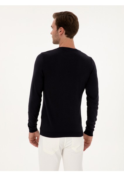 Erkek Lacivert Slim Fit Pamuk Karışımlı Bisiklet Yaka Basic Triko Kazak 50318620-VR033 indirimleri