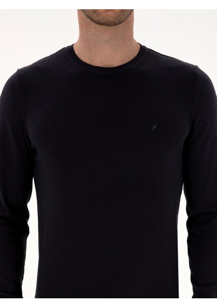 Erkek Lacivert Slim Fit Pamuk Karışımlı Bisiklet Yaka Basic Triko Kazak 50318620-VR033