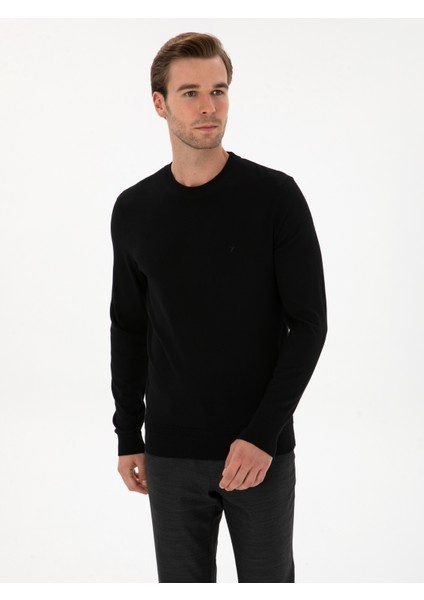 Erkek Siyah Slim Fit Yün Karışımlı Bisiklet Yaka Triko Kazak 50311876-VR046