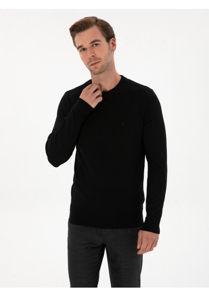 Erkek Siyah Slim Fit Yün Karışımlı Bisiklet Yaka Triko Kazak 50311876-VR046 modelleri