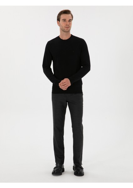 Erkek Siyah Slim Fit Yün Karışımlı Bisiklet Yaka Triko Kazak 50311876-VR046 fırsatları