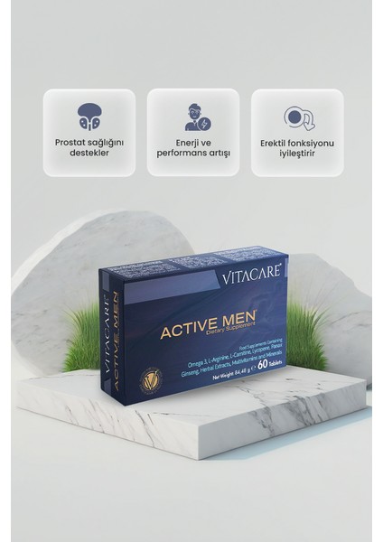 Active Men – 60 Tablet | Omega 3, L-Arginine, L-Carnitine, Ginseng & Multivitamin-Mineral Kompleksi fiyatları