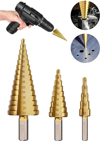 3'lü Kademeli Matkap Ucu Panç Seti Paslanmaz 3 Kademeli Demir Sac Boru Bakır Aliminyum Delme Seti