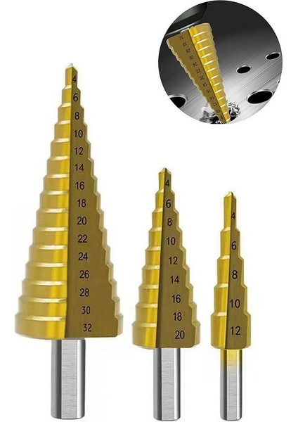 3'lü Kademeli Matkap Ucu Panç Seti Paslanmaz 3 Kademeli Demir Sac Boru Bakır Aliminyum Delme Seti