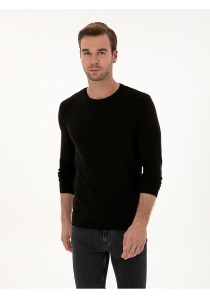 Erkek Siyah Slim Fit Pamuk Karışımlı Bisiklet Yaka Basic Triko Kazak 50318620-VR046