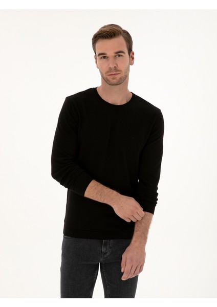 Erkek Siyah Slim Fit Pamuk Karışımlı Bisiklet Yaka Basic Triko Kazak 50318620-VR046 modelleri
