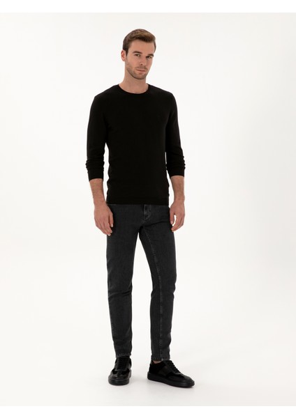 Erkek Siyah Slim Fit Pamuk Karışımlı Bisiklet Yaka Basic Triko Kazak 50318620-VR046 fırsatları